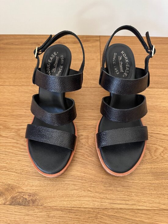 Kork-Ease Strappy Black Heeled Sandals - Picture 1 of 4